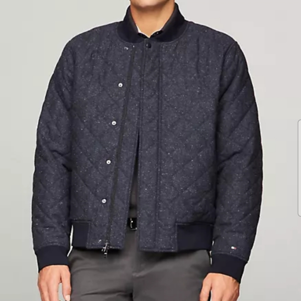 NWOT: Men's Navy Quilted Wool-Blend Bomber Jacket - Large